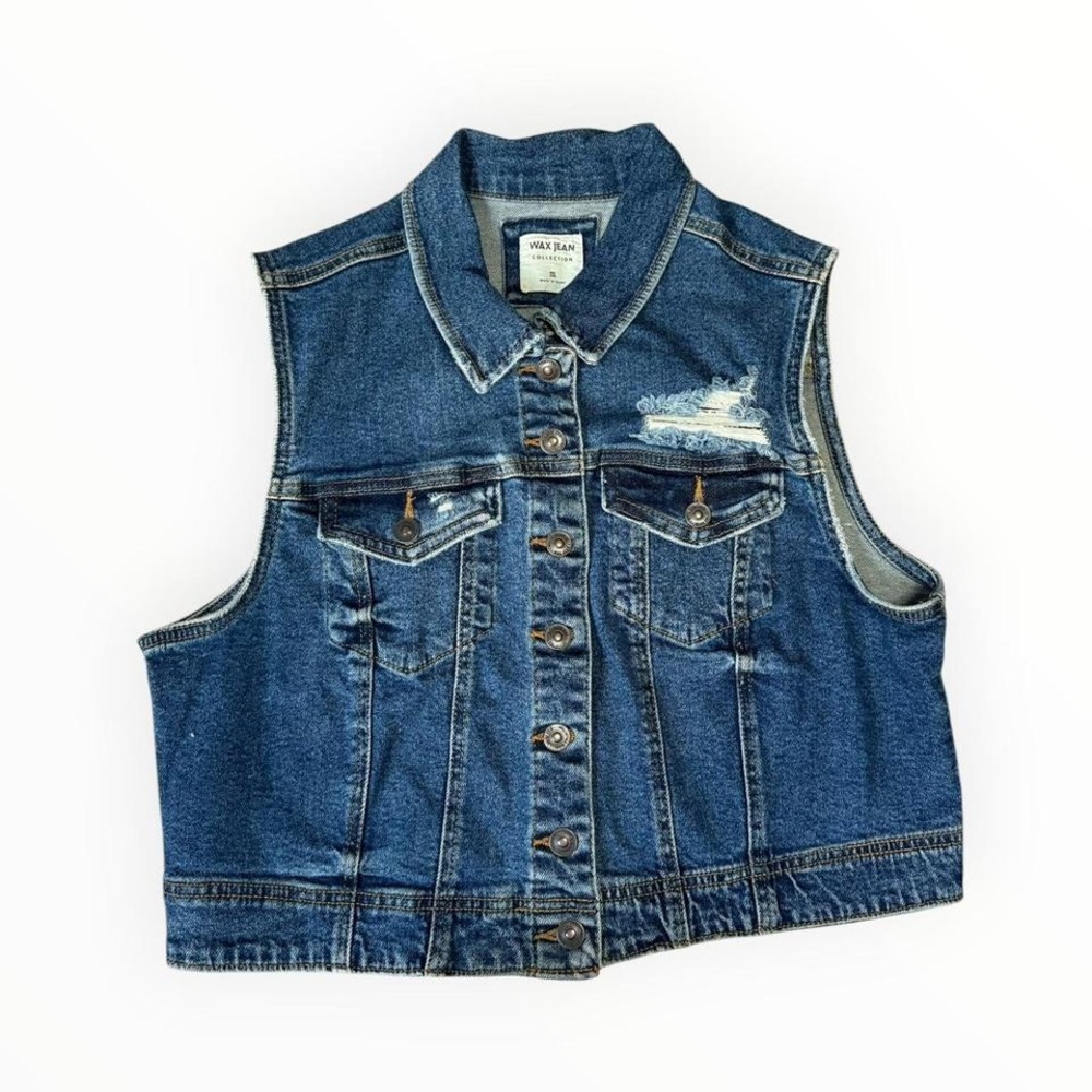 Blue denim vest with distressed details and button-up closure
